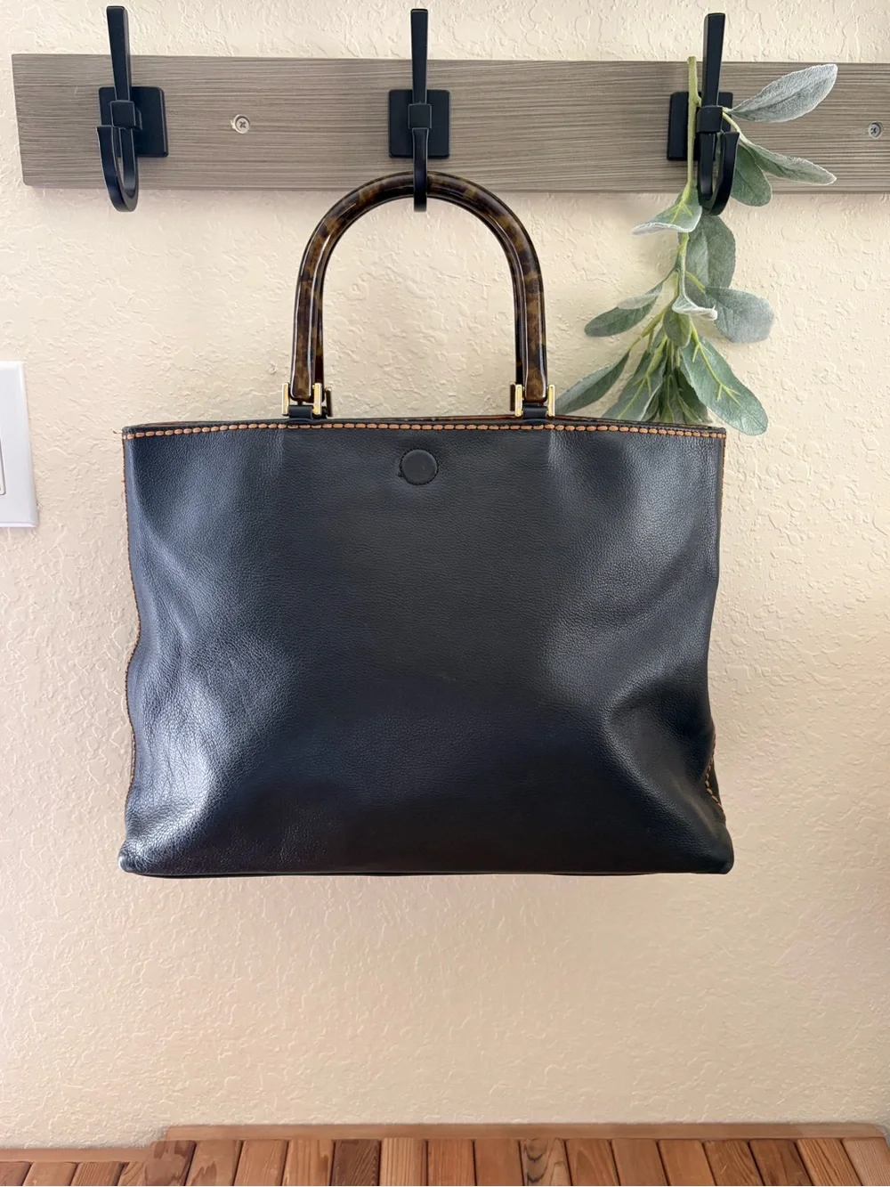 Plinio Visona Black Italian Leather Tote Bag, Tortoise Handles Leopard Interior